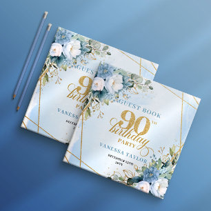 Gorgeous Dusty Blue Gold 90th Birthday Guest Book