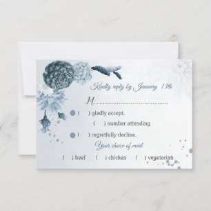 gorgeous dusty blue navy flowers meal choice RSVP Card