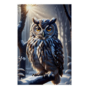 Gorgeous Eagle Owl in Snow on Tree Branch Limb Poster