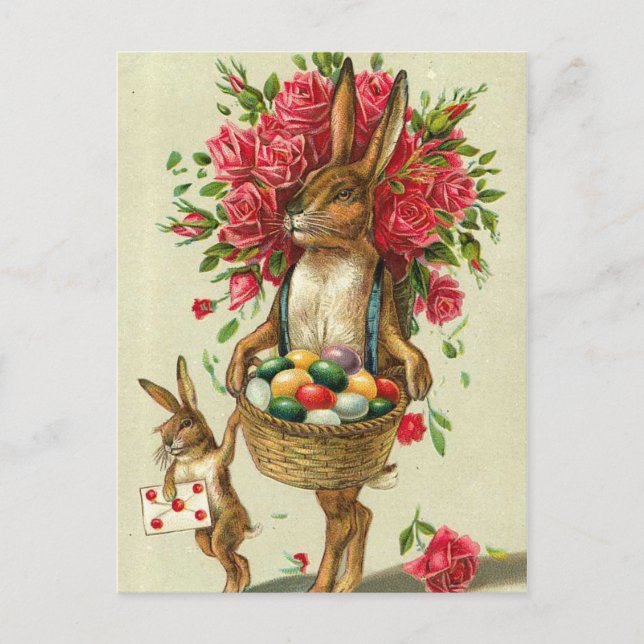 Gorgeous Easter Bunny Roses & Baby Bunny Holiday Postcard (Front)