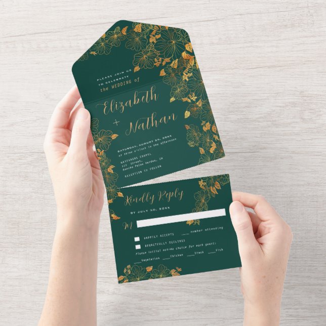 Gorgeous Emerald Green Gold Floral Foliage All In One Invitation (Tearaway)