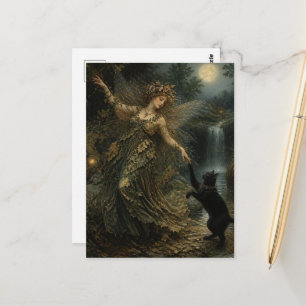 Gorgeous Fairy and Black Cat Dance in Moonlight Postcard