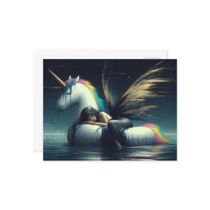 Gorgeous Fairy asleep on unicorn pool float glitch Postcard