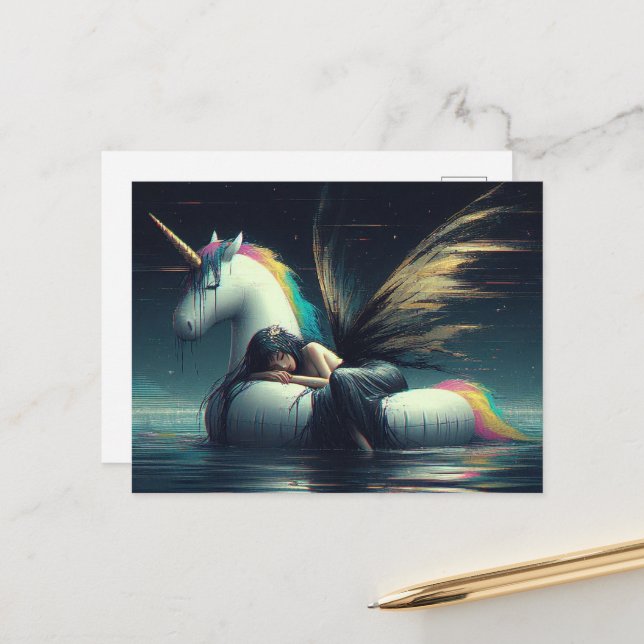 Gorgeous Fairy asleep on unicorn pool float glitch Postcard (Front/Back In Situ)