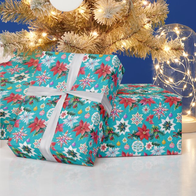 Gorgeous Fun Christmas Pattern On Turquoise Blue Wrapping Paper (Holidays)