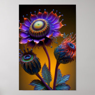 Gorgeous Glowing Neon Fantasy Art Flowers Poster