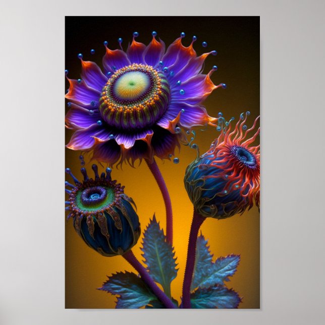 Gorgeous Glowing Neon Fantasy Art Flowers Poster (Front)