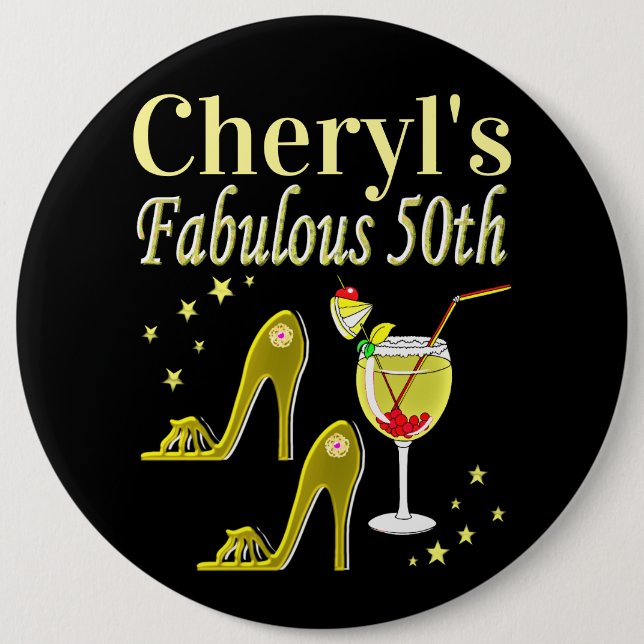 GORGEOUS GOLD 50TH BIRTHDAY DESIGN 6 CM ROUND BADGE (Front)