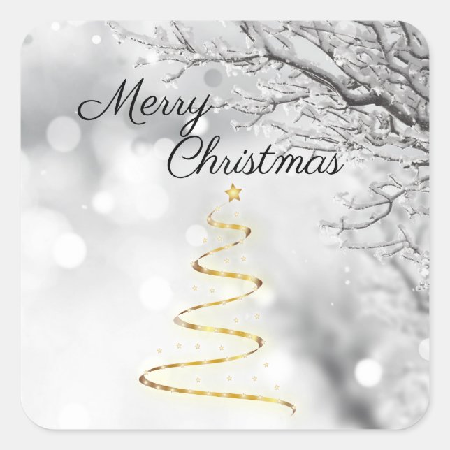 Gorgeous, Gold Christmas Tree on Snowy Day Square Sticker (Front)