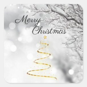 Gorgeous, Gold Christmas Tree on Snowy Day Square Sticker