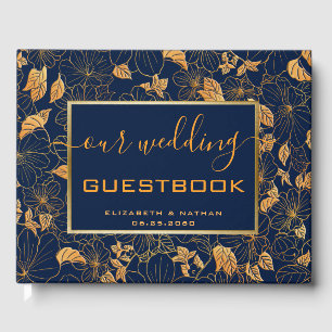Gorgeous Gold Floral Navy Blue Wedding Guest Book