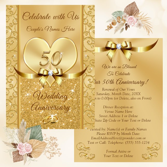 Gorgeous, Golden Wedding Anniversary Invitations,  Invitation (50th Anniversary Vow Renewal Invitations. Beautiful, Golden Wedding Anniversary Invitations. )