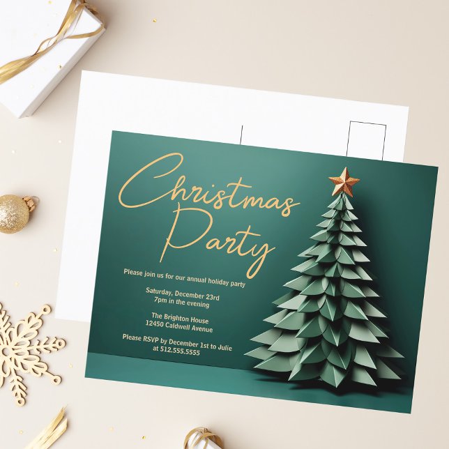 Gorgeous Green Gold Christmas Tree Holiday Party Invitation Postcard (Creator Uploaded)