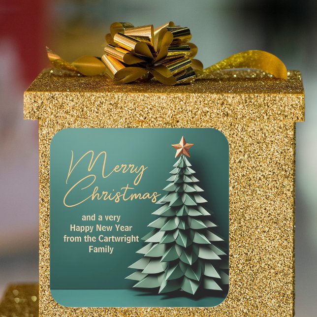 Gorgeous Green Gold Merry Christmas Party Tree Square Sticker (Creator Uploaded)