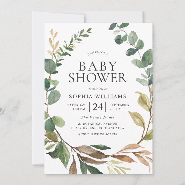 Gorgeous Green Leaves Wreath Baby Shower Invitation (Front)