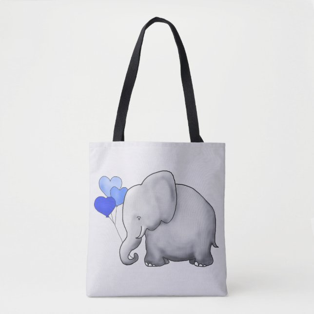 Gorgeous Grey Baby Elephant with Blue Balloons Tote Bag (Front)