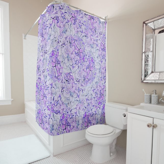 Gorgeous hydrangea pattern in lavender, floral  shower curtain (In Situ)