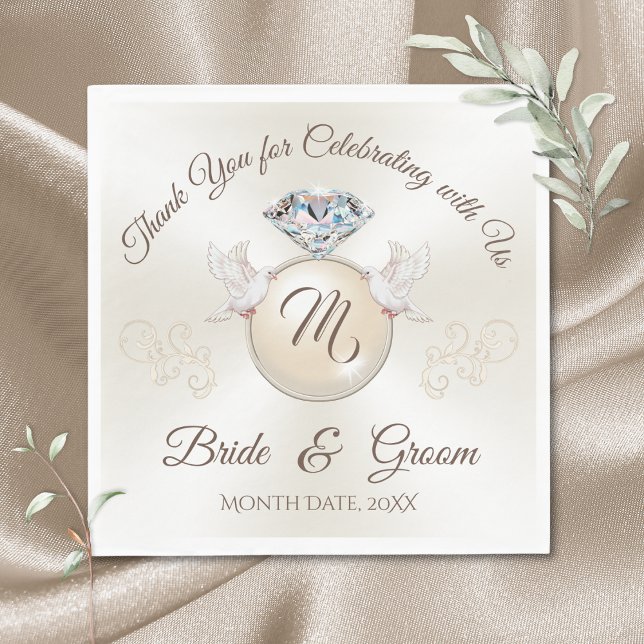 Gorgeous Ivory Custom Printed Wedding Napkins (Custom Wedding Napkins. Love Birds themed wedding. Diamond Wedding. Love Birds Wedding Napkins.)