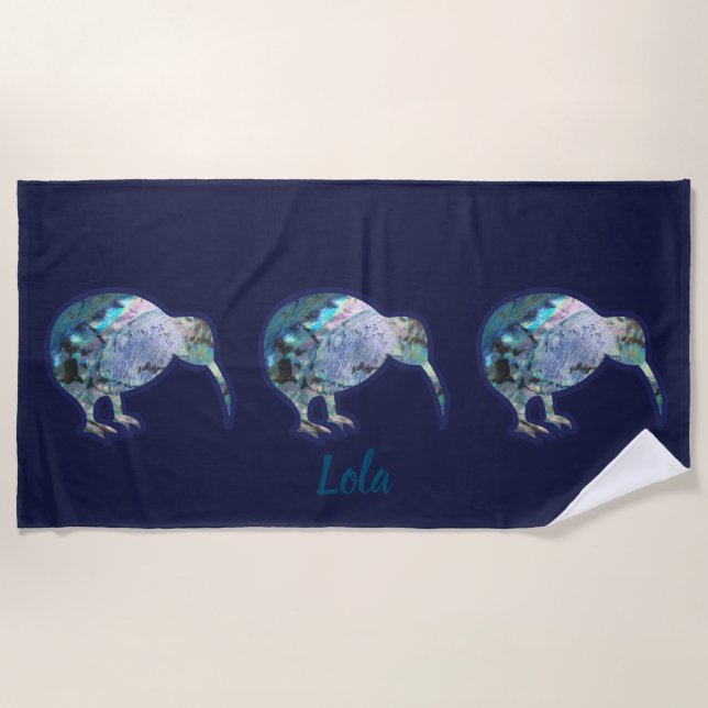 Gorgeous Kiwi Bird Pattern, Personalised with Name Beach Towel (Front)