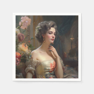 Gorgeous Lady In A Silk Flowers Dress.  Napkin