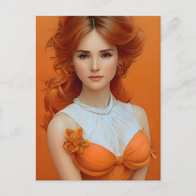 Gorgeous Long Haired Woman in Orange Fashion Model Postcard (Front)