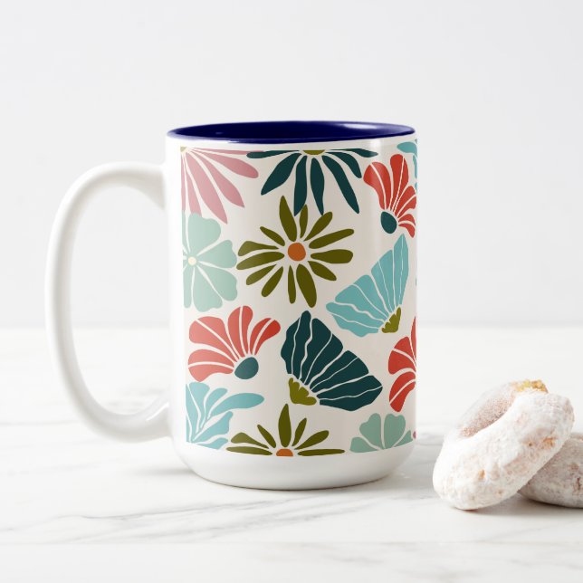 Gorgeous Modern Flower Two-Tone Coffee Mug (With Donut)