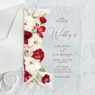 Gorgeous Modern Script Red & White Floral Wedding Acrylic Invitations