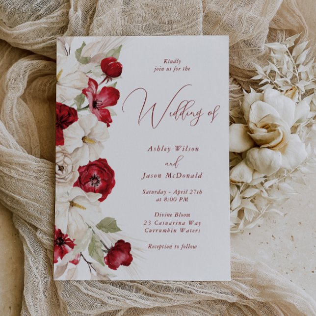 Gorgeous Modern Script Red & White Floral Wedding Invitation (Creator Uploaded)