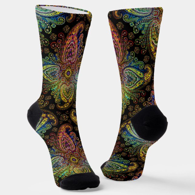 Gorgeous, Multicolor Paisley on Black Socks (Angled)