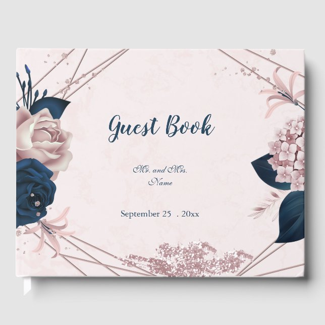 gorgeous navy blue & dusty rose flowers botanical  guest book (Front)