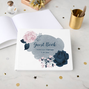 gorgeous navy blue & pink flowers botanical guest book
