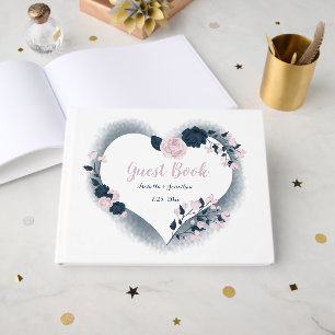 gorgeous navy blue & pink flowers floral heart guest book
