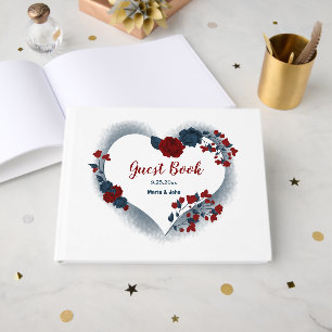 gorgeous navy blue & red flowers floral heart guest book