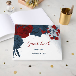 gorgeous navy blue & red flowers guest book