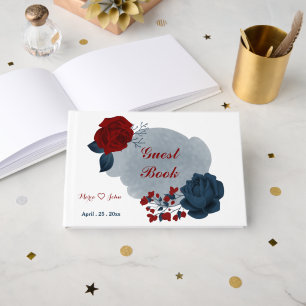 gorgeous navy blue & red flowers guest book