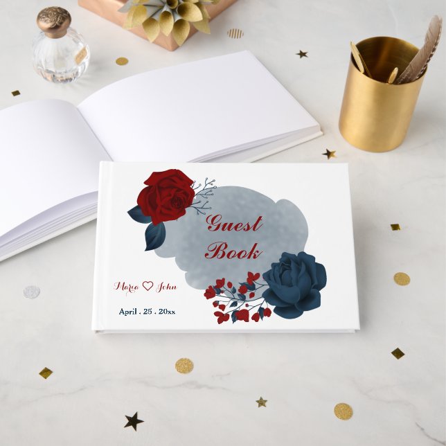 gorgeous navy blue & red flowers guest book (Front Open)