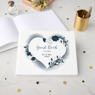 gorgeous navy blue & white floral heart botanical guest book
