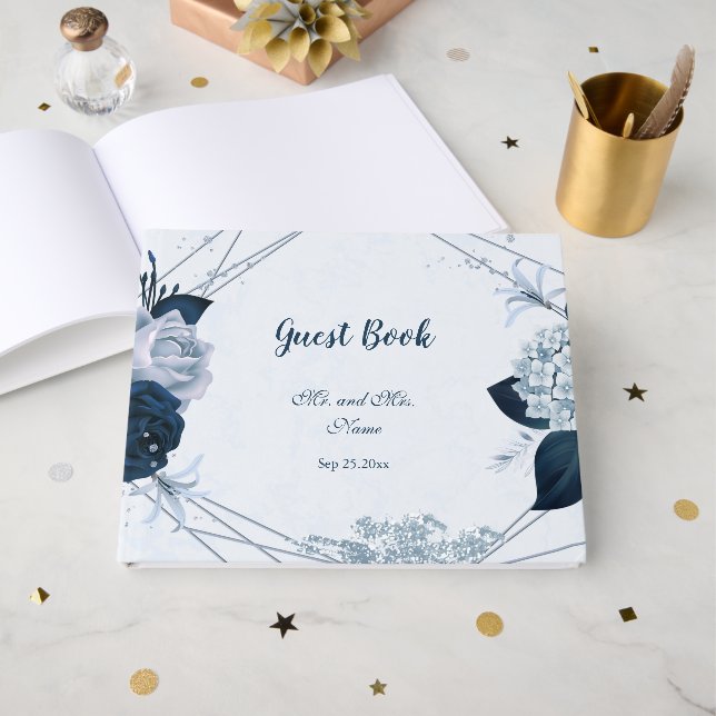 gorgeous navy & dusty blue flowers botanical   guest book (Front Open)