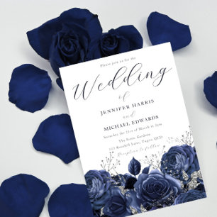 Gorgeous Navy Indigo Roses & Silver Wedding Invitation