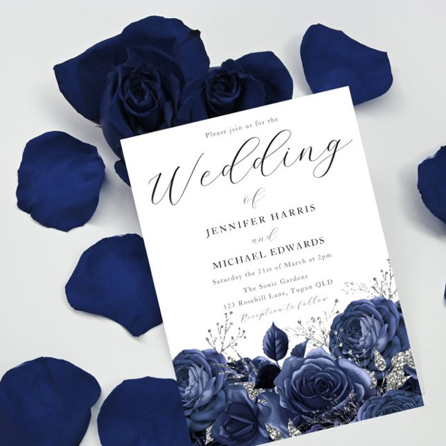 Gorgeous Navy Indigo Roses & Silver Wedding Invitation (Creator Uploaded)