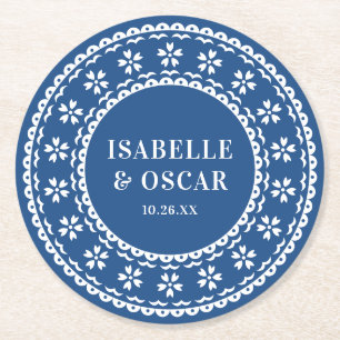 Gorgeous Ornate Papel Picado Blue Wedding Round Paper Coaster