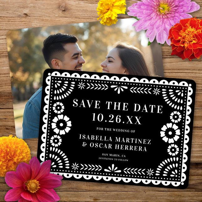 Gorgeous Ornate Papel Picado Photo Black Wedding Save The Date (Creator Uploaded)