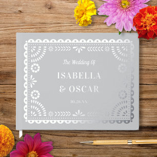 Gorgeous Ornate Papel Picado Wedding Silver Guest Book