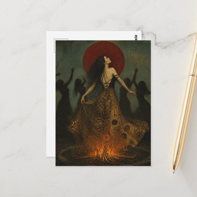 Gorgeous Pagan Dancing Women Around Fire Postcard (Front/Back In Situ)