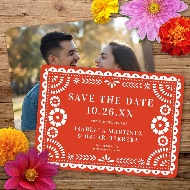 Gorgeous Papel Picado Photo Warm Red Wedding Save The Date (Creator Uploaded)