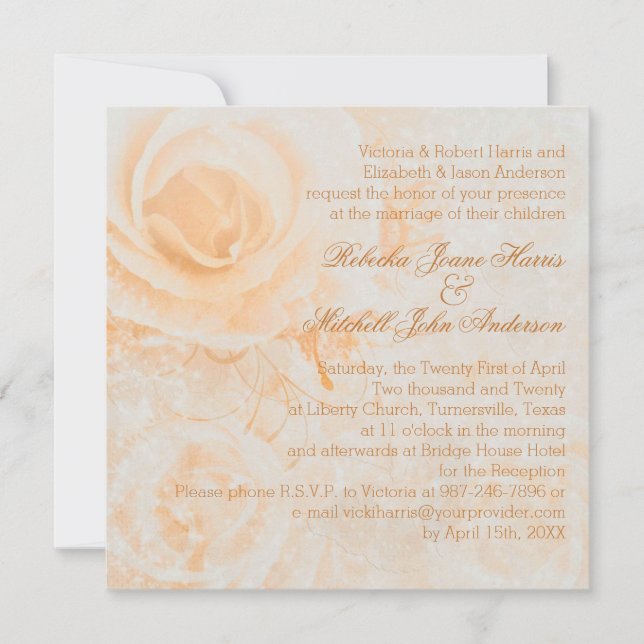Gorgeous peach cream roses Wedding Invitation (Front)