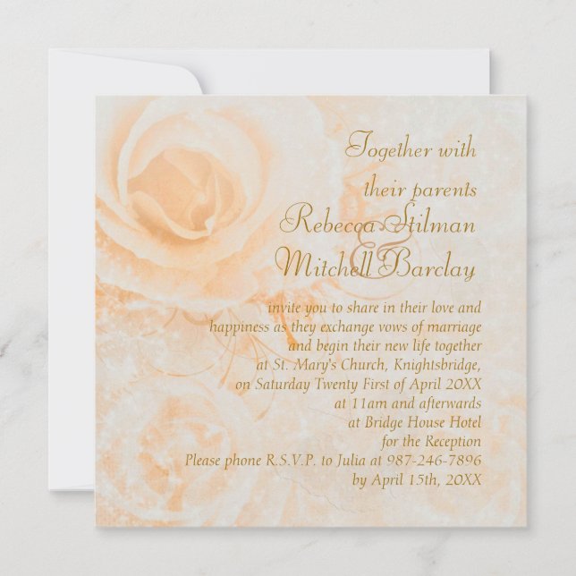 Gorgeous peach cream roses Wedding Invitation (Front)