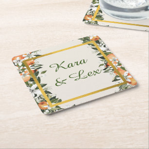 Gorgeous Peaches and Foliage Colourful  Square Paper Coaster
