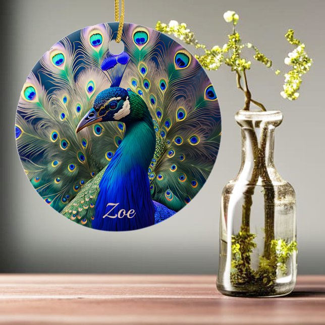 Gorgeous peacock with teal and gold plumage ceramic tree decoration (Creator Uploaded)