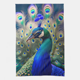 Gorgeous peacock with teal and gold plumage tea towel